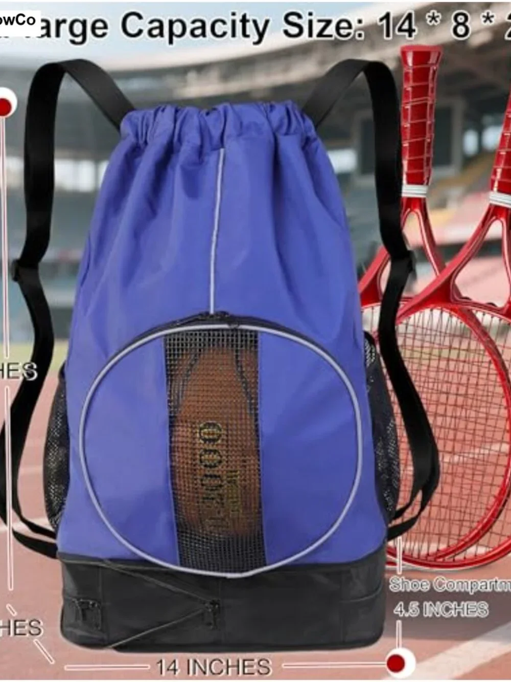 45L Drawstring Basketball Backpack Nylon Sports Bag Shoe Compartment Gym